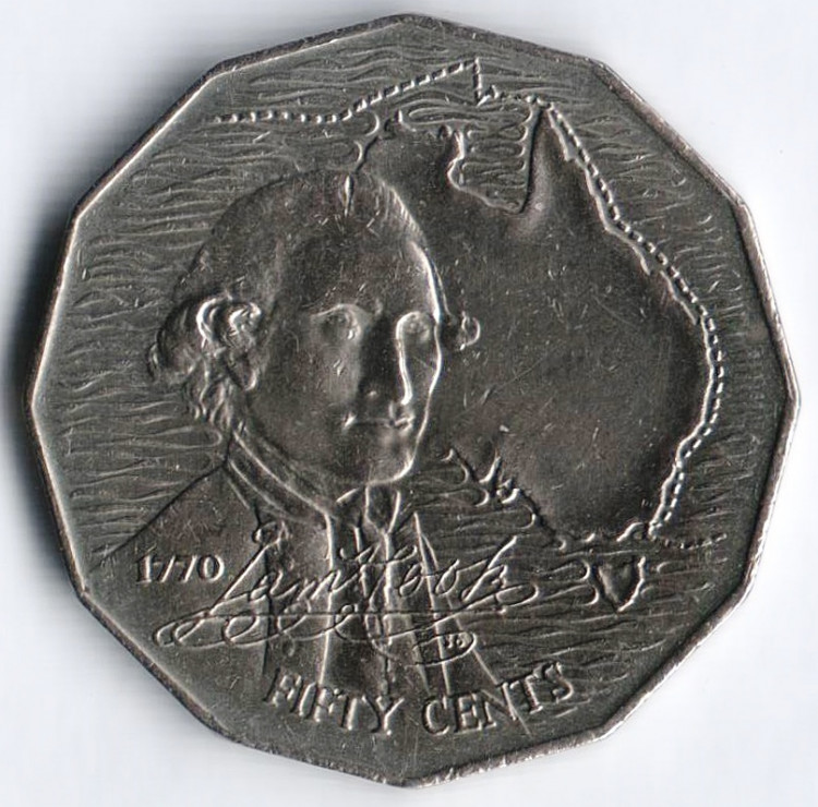 Монета 50 центов. 1970 год, Австралия. 200 лет австралийскому путешествию капитана Кука.