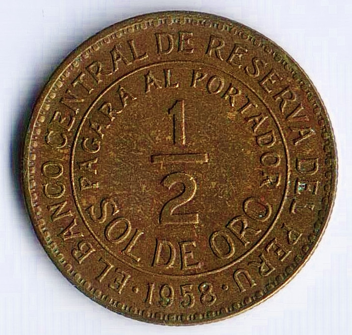 Монета 1/2 соля. 1958 год, Перу.
