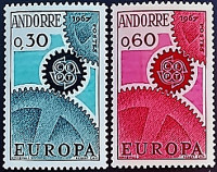 Набор марок (2 шт.). "Европа (C.E.P.T.) - Шестерёнки". 1967 год, Андорра (французская администрация).