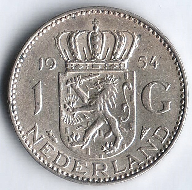 Монета 1 гульден. 1954 год, Нидерланды.