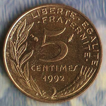 Монета 5 сантимов. 1992 год, Франция. 4 складки.