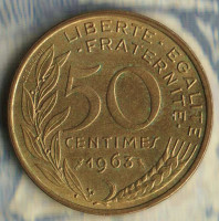 Монета 50 сантимов. 1963 год, Франция. 4 складки.
