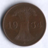 Монета 1 рейхспфенниг. 1934 год (A), Веймарская республика.
