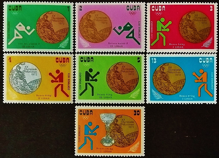 Набор марок (7 шт.) с блоком. "Летние Олимпийские игры - Мюнхен`1972 (медали)". 1973 год, Куба.