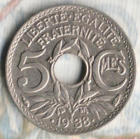 Монета 5 сантимов. ·1938· год, Франция.
