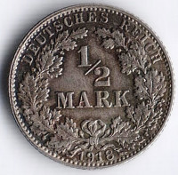 Монета 1/2 марки. 1918 год (E), Германская империя.