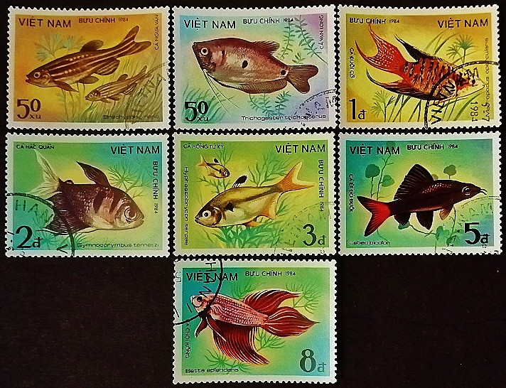 Набор почтовых марок (7 шт.). "Рыбы". 1984 год, Вьетнам.