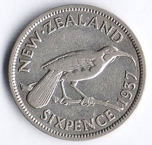 Монета 6 пенсов. 1937 год, Новая Зеландия.