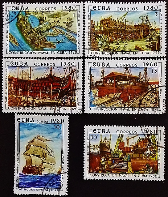 Набор почтовых марок (6 шт.). "История кубинского кораблестроения". 1980 год, Куба.