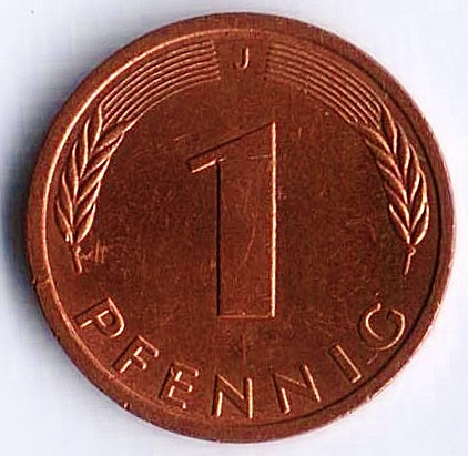 Монета 1 пфенниг. 1992(J) год, ФРГ.