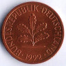 Монета 1 пфенниг. 1992(J) год, ФРГ.