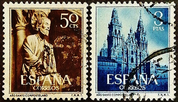 Набор почтовых марок (2 шт.). "Святой год Компостела". 1954 год, Испания.