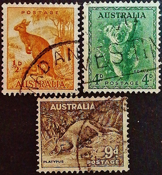Набор почтовых марок (3 шт.). "Фауна Австралии". 1938 год, Австралия.