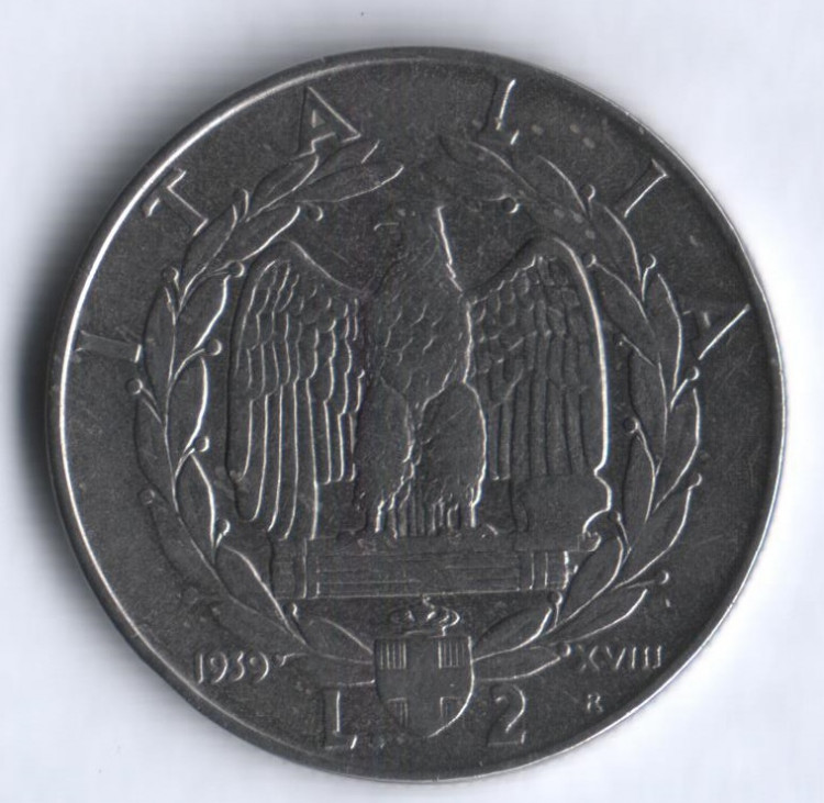 Монета 2 лиры. 1939(Yr.XVIII) год, Италия. Немагнитная.