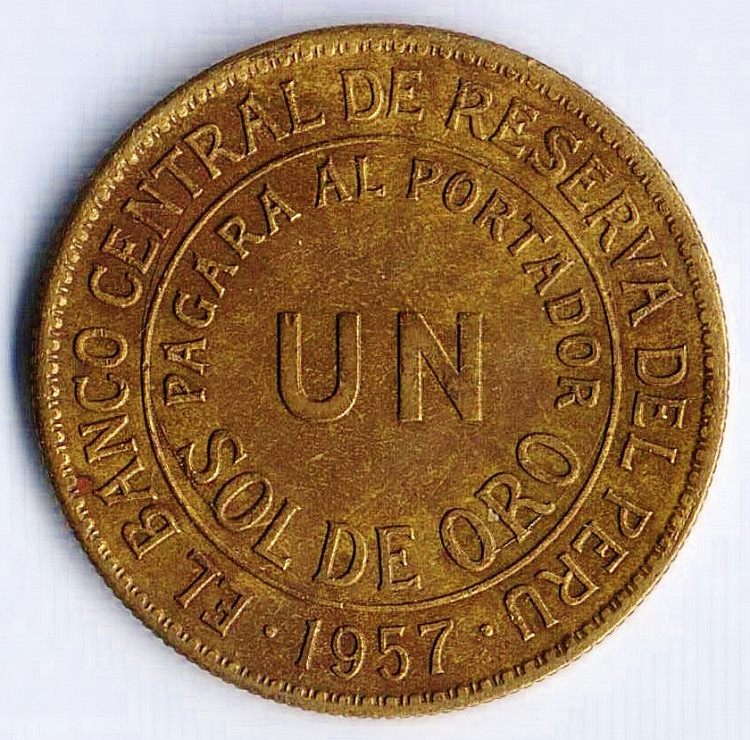 Монета 1 соль. 1957 год, Перу.