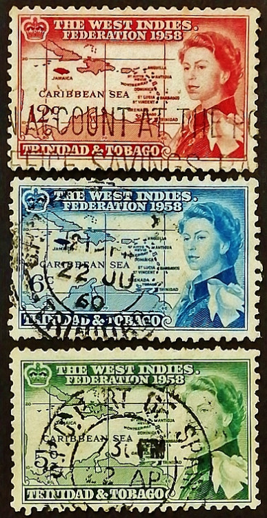 Набор почтовых марок (3 шт.). "Королева Елизавета II - Инаугурация Британской Карибской Федерации". 1958 год, Тринидад и Тобаго.