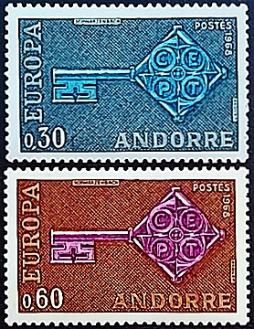Набор марок (2 шт.). "Европа (C.E.P.T.) - Ключ". 1968 год, Андорра (французская администрация).