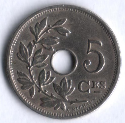 Монета 5 сантимов. 1913/0 год, Бельгия (Belgique).