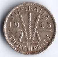 Монета 3 пенса. 1943(m) год, Австралия.