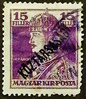 Почтовая марка (15 f.). "Король Карл IV ("KÖZTÁRSASÁG")". 1918 год, Венгрия.