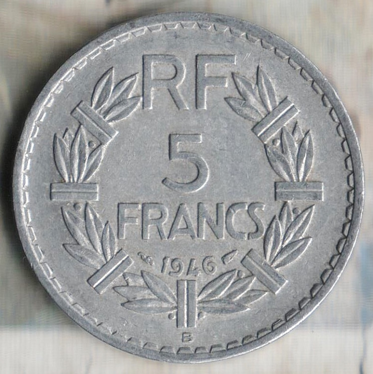 Монета 5 франков. 1946(B) год, Франция.