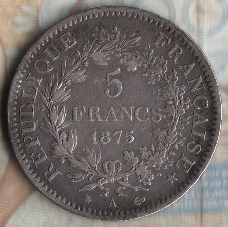 Монета 5 франков. 1875(A) год, Франция.