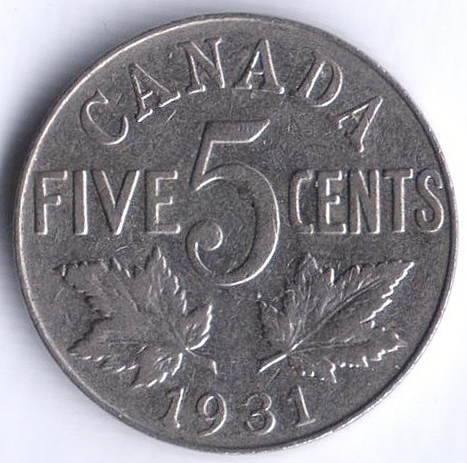 Монета 5 центов. 1931 год, Канада.