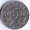 Монета 5 центов. 1931 год, Канада.