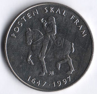 Монета 5 крон. 1997 год, Норвегия. 350 лет почтовой службе Норвегии.