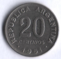 Монета 20 сентаво. 1951 год, Аргентина.
