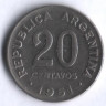 Монета 20 сентаво. 1951 год, Аргентина.