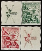 Набор почтовых марок (2 шт.) с этикетками. "Сокол, 10-й Конгресс - Зимние игры". 1938 год, Чехословакия.