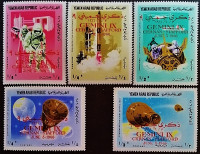 Набор почтовых марок  (5 шт.). "Совместный полет «Джемини-6» и «Джемини-7» (надпечатка)". 1966 год, Йемен (АР).