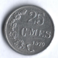 Монета 25 сантимов. 1970 год, Люксембург.