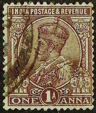 Почтовая марка (1 an.). "Король Георг V". 1922 год, Британская Индия.