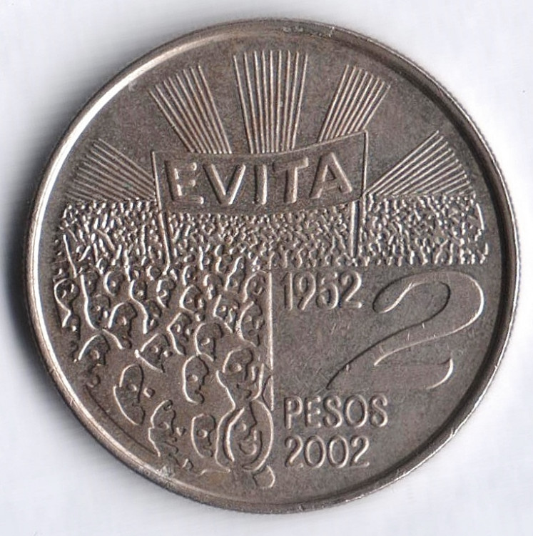 Монета 2 песо. 2002 год, Аргентина. 50 лет со дня смерти Марии Эвы Дуарте де Перон (гурт рубчатый).