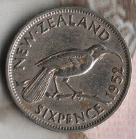Монета 6 пенсов. 1952 год, Новая Зеландия.