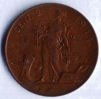 Монета 2 чентезимо. 1911 год, Италия.