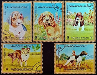 Набор марок (5 шт.). "Породистые собаки". 1972 год, Аджман.