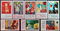Набор марок (8 шт.). "День печати 1970 - Польские современные картины". 1970 год, Польша.