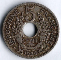 Монета 5 сантимов. 1925(a) год, Французский Индокитай.