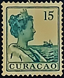 Марка почтовая (15 c.). "Королева Вильгельмина". 1926 год, Кюрасао. Марка почтовая (15 c.). "Королева Вильгельмина". 1926 год, Кюрасао.