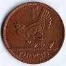 Монета 1 пенни. 1968 год, Ирландия.