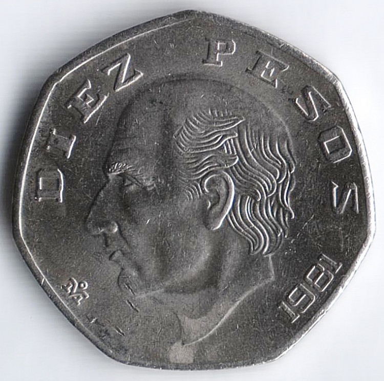 Монета 10 песо. 1981 год, Мексика.