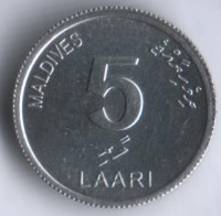 Монета 5 лари. 2012 год, Мальдивы.