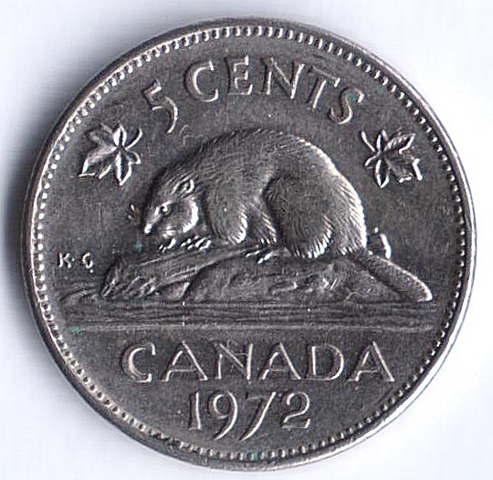 Монета 5 центов. 1972 год, Канада.