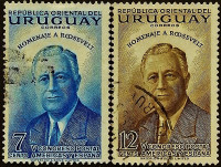 Набор почтовых марок (2 шт.). "Франклин Делано Рузвельт". 1953 год, Уругвай.
