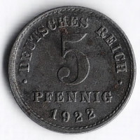 Монета 5 пфеннигов. 1922 год (J), Германская империя.
