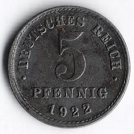 Монета 5 пфеннигов. 1922 год (J), Германская империя.