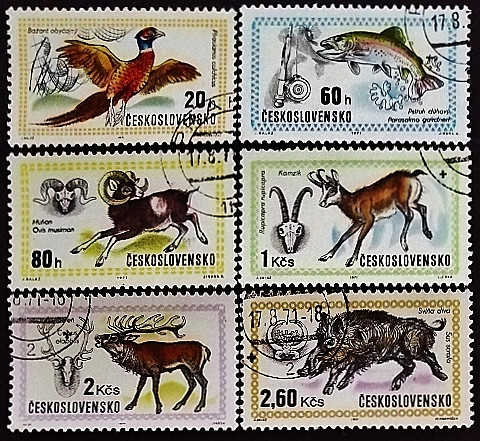 Набор почтовых марок (6 шт.). "Всемирная выставка охоты в Будапеште". 1971 год, Чехословакия.